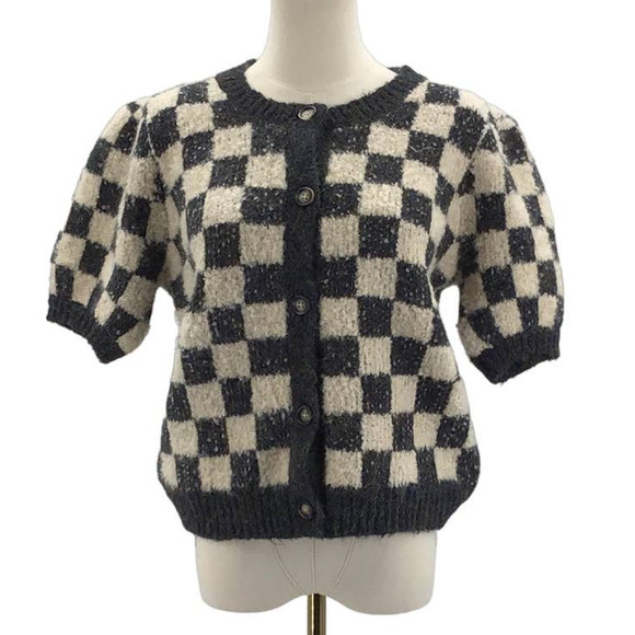 ST GERALDINE M Beige Black Checkered Knit Wool Blend Top Sweater Vest NWT B64 - Picture 1 of 6